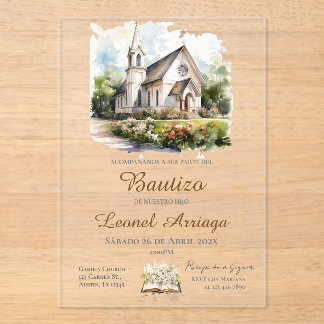 Boho Baptism in Spanish with church  Acrylic Invitations
