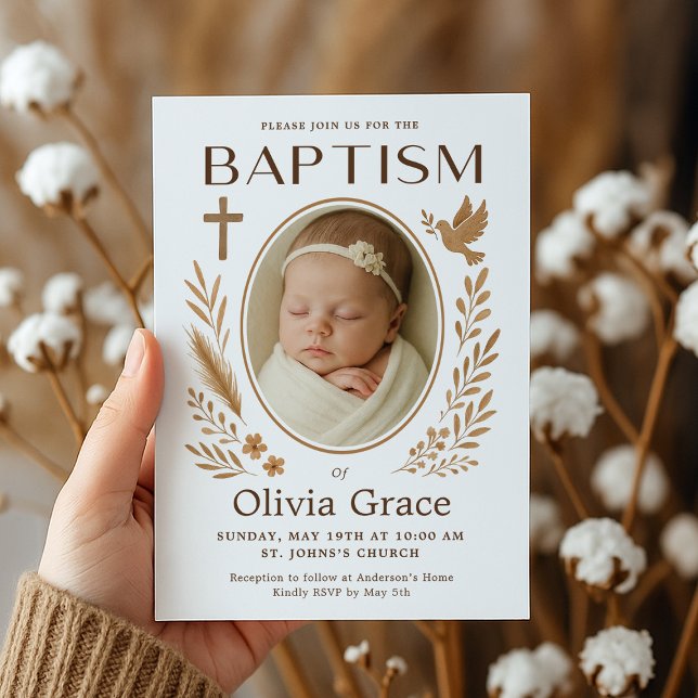 Boho Baptism Invitation with Photo  (boho-baptism-invitation-hand-holding-floral-dark-backdrop.png)