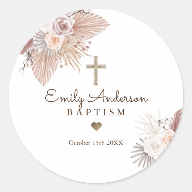 Boho Baptism Pampas Grass Christening Favor Classic Round Sticker (Front)