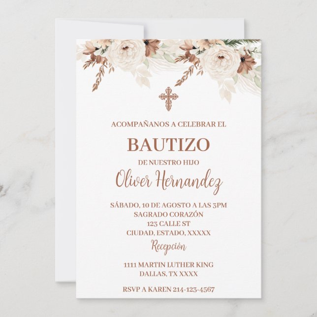 Boho Baptism Spanish Invitation (Front)