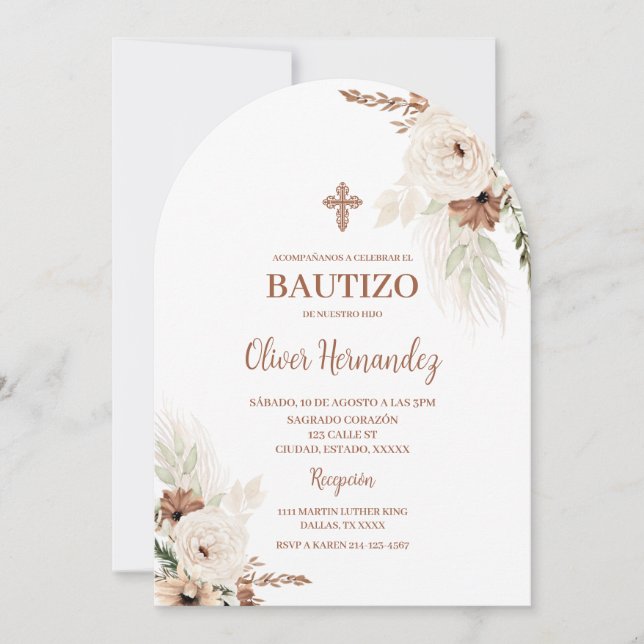 Boho Baptism Spanish Invitation (Front)