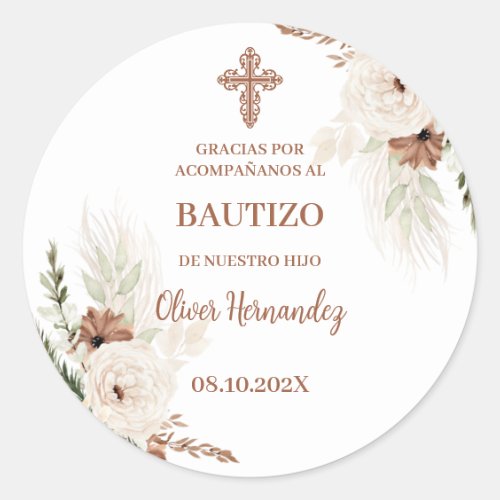 Boho Baptism Spanish Invitation Classic Round Sticker