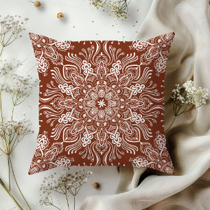Boho Barkley Mandala Russet Red Throw Pillow