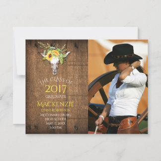 Boho Barnwood Sunflowers Skull Photo Graduation Announcement