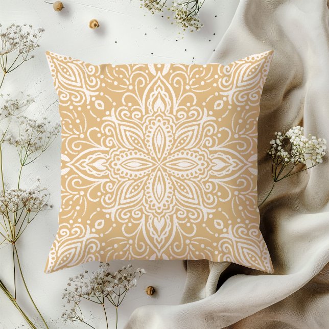 Boho Barrett Mandala burlywood yellow Throw Pillow (Creator Uploaded)
