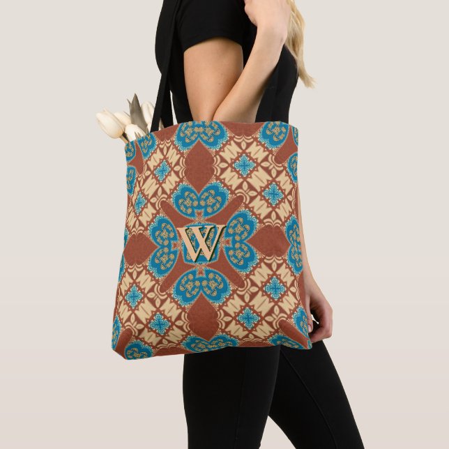 Boho Batik Cool Earth Blue Brown Pattern Monogram Tote Bag (Close Up)