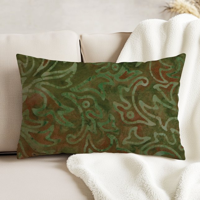 Boho Batik Green and Rust Foliage Pattern Accent Pillow (Creator Uploaded)