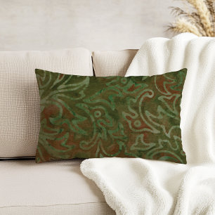 Boho Batik Green and Rust Foliage Pattern Accent Pillow