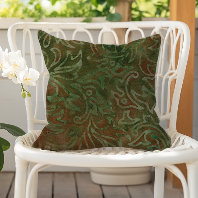 Boho Batik Green and Rust Foliage Pattern Outdoor Pillow (Creator Uploaded)