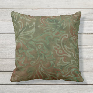Boho Batik Green and Rust Foliage Pattern Outdoor Pillow