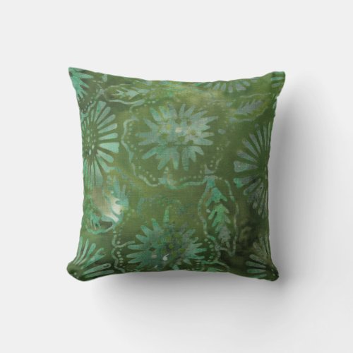 Boho Batik Green and Turquoise Floral Pattern Throw Pillow