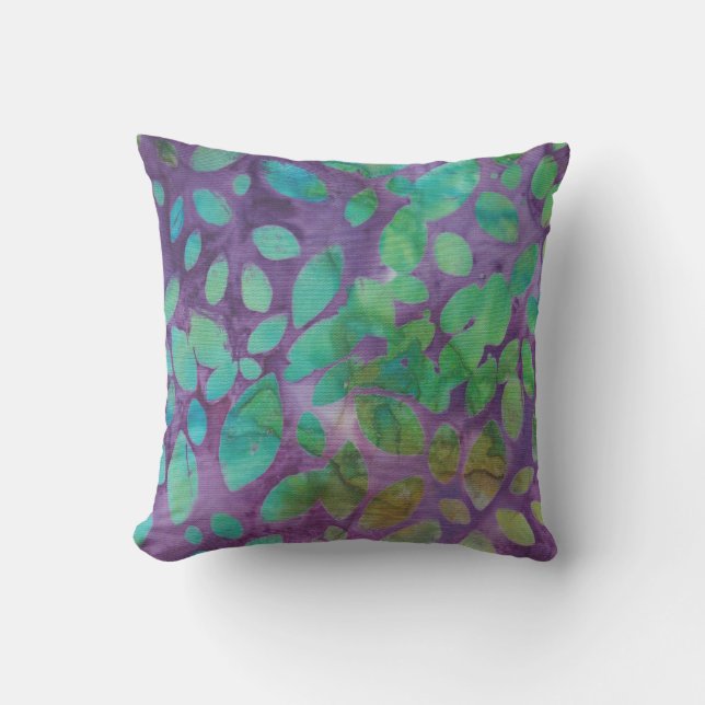 Boho Batik Green Purple Leaf Shapes Abstract Outdoor Pillow (Front)