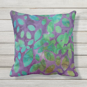 Boho Batik Green Purple Leaf Shapes Abstract Outdoor Pillow