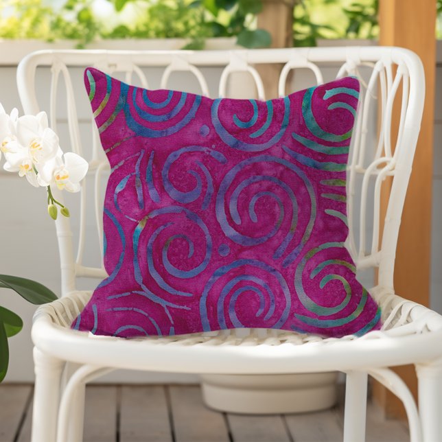 Boho Batik Magenta Purple Swirls Pattern Outdoor Pillow (Creator Uploaded)