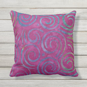 Boho Batik Magenta Purple Swirls Pattern Outdoor Pillow