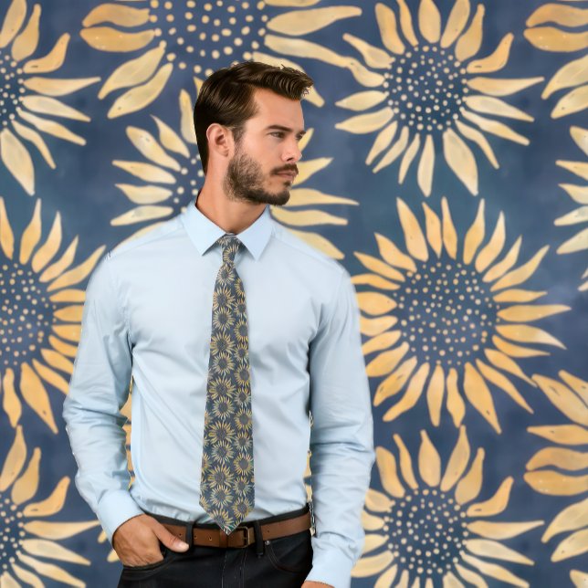 Boho Batik Sunflower Pattern on Dark Blue Neck Tie (Man wears a necktie with a boho sunflower pattern.)