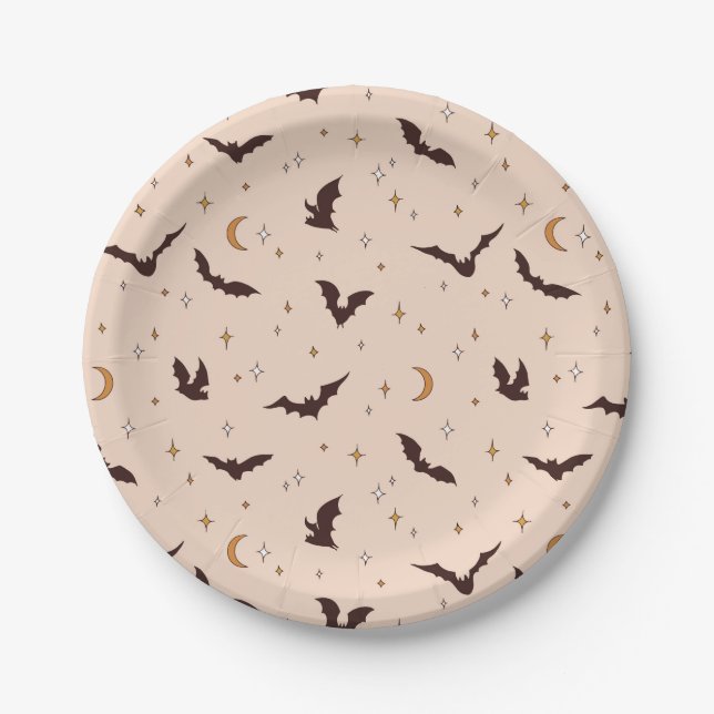 Boho Bats and Stars Halloween Pattern Paper Plates (Front)