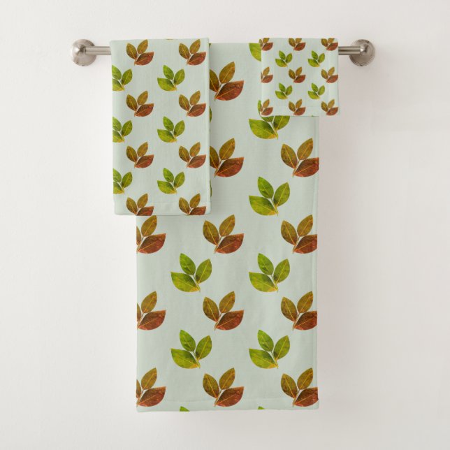 Boho Bay Leaves on Light Laurel Green  Bath Towel Set (Insitu)