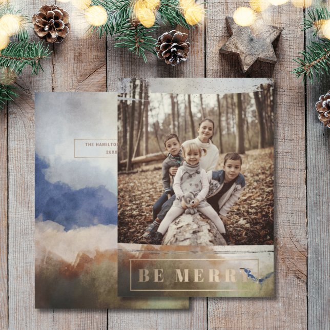 Boho Be Merry One Photo Gold Christmas Holiday Card (Creator Uploaded)