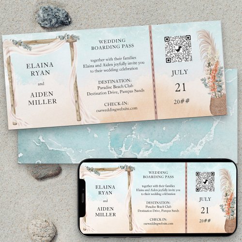 Boho Beach Arbor Destination Wedding Boarding Pass Invitation