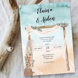 Boho Beach Arbor Watercolor Ocean Wedding Invitation