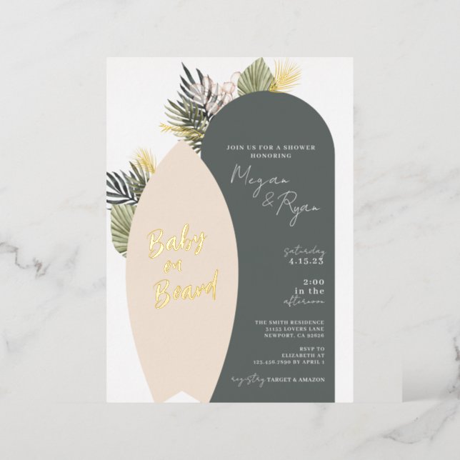 Boho Beach Baby on Board Baby Shower Foil Invitation (Standing Front)