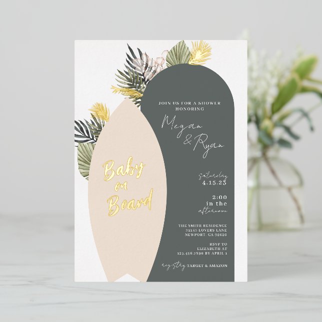 Boho Beach Baby on Board Baby Shower Foil Invitation (Standing Front)