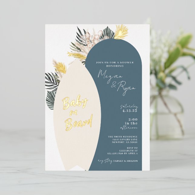 Boho Beach Baby on Board Baby Shower Foil Invitation (Standing Front)