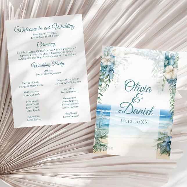 Boho Beach Blue Floral Arch Wedding Program (Boho Beach Blue Floral Arch Wedding Program on a sunny neutral dry palm leaf.)