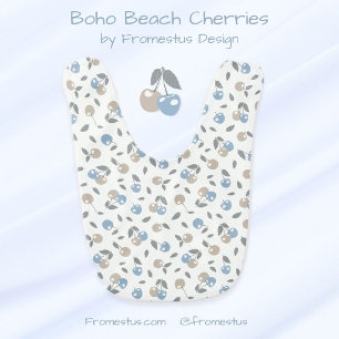 Boho Beach Cherries - beige blue fruit pattern. Baby Bib