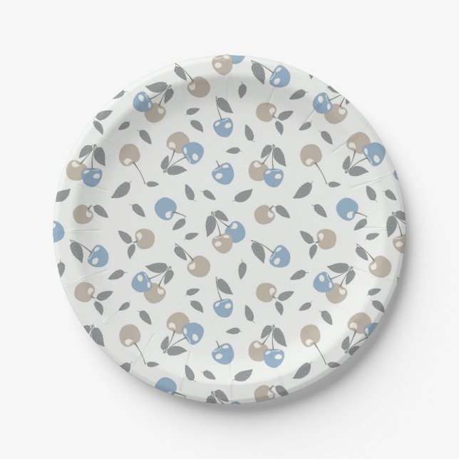 Boho Beach Cherries - beige blue fruit pattern. Paper Plates (Front)