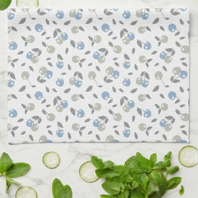 Boho Beach Cherries - sage blue fruit pattern. Kitchen Towel (Folded)