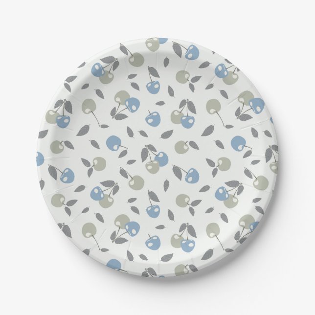 Boho Beach Cherries - sage blue fruit pattern. Paper Plates (Front)