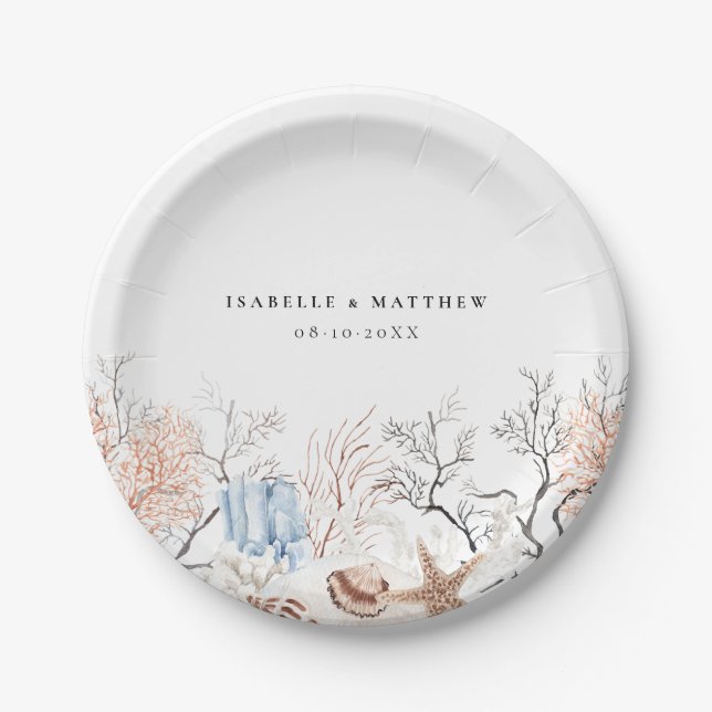 Boho Beach Coral Reef Wedding Paper Plates (Front)