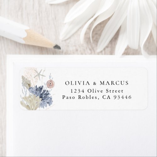 Boho Beach Coral Shell Blue Wedding Return Address Label