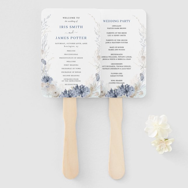 Boho Beach Destination Hampton Wedding Program Hand Fan (Front and Back)