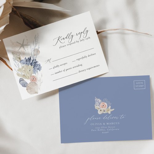 Boho Beach Elegant Romantic Blue Wedding RSVP Card
