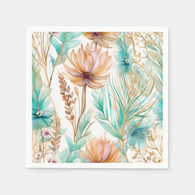 Boho Beach Floral Blue Peach Wedding  Napkins (Front)