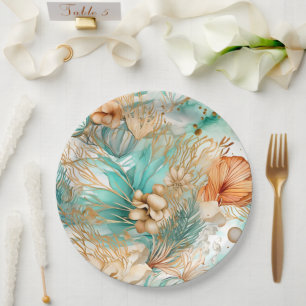 Boho Beach Floral Blue Peach Wedding Paper Plates
