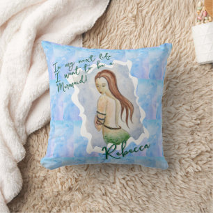 Boho Beach Mermaid Blue Ocean Watercolor Custom Throw Pillow