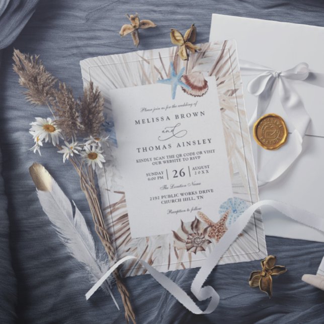 Boho Beach Sea Watercolor Elegant QR Code Wedding Invitation (Creator Uploaded)