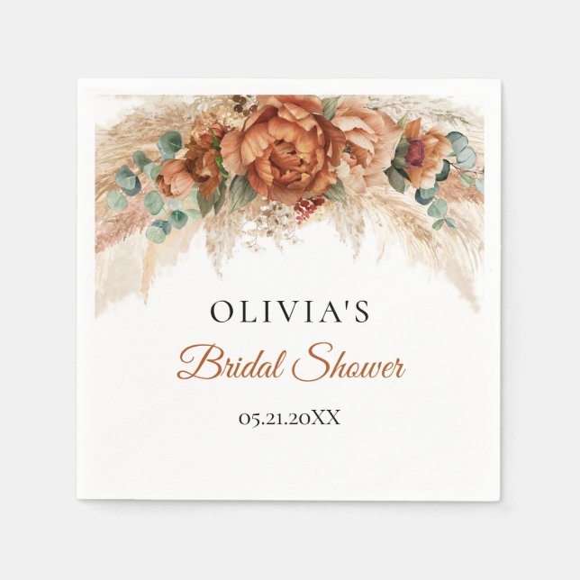 Boho beach terracotta pampas green bridal shower napkins (Front)