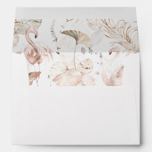 Boho Beach Tropical Beige Floral & Flamingo Envelope