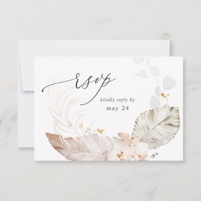 Boho Beach Tropical Beige Floral w Meal RSVP Card (Front)