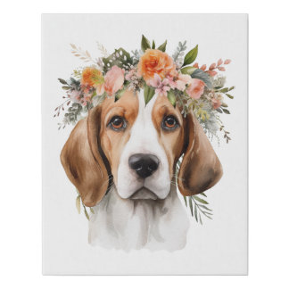 Boho Beagle Dog Flower Crown Watercolor Faux Canvas Print