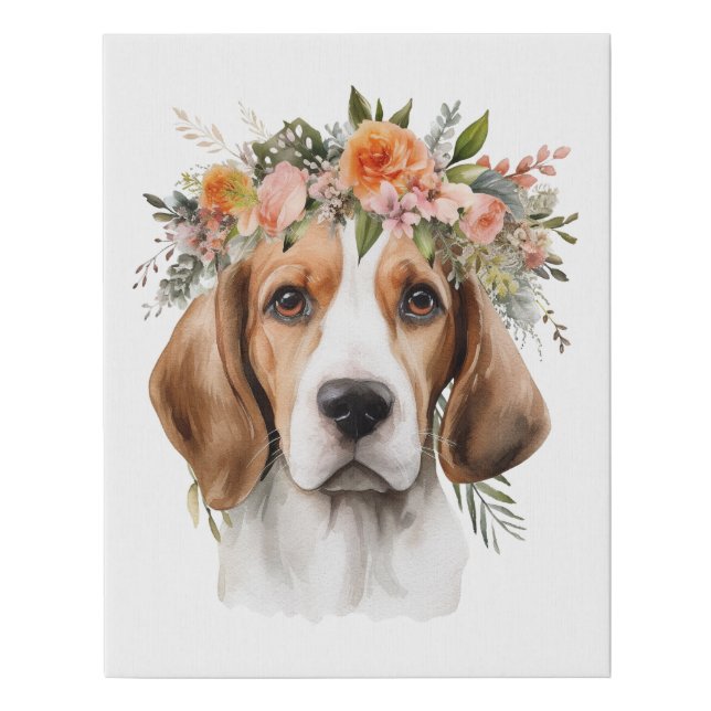 Boho Beagle Dog Flower Crown Watercolor Faux Canvas Print (Front)