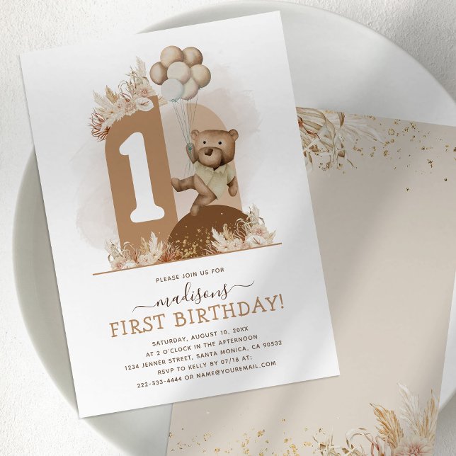 Boho Bear 1st Birthday Party Invitation (Creator Uploaded)
