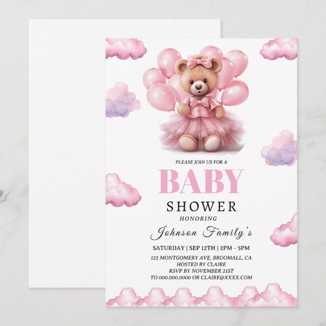Boho bear baby girl pink Babyshower Invitation (Front/Back)