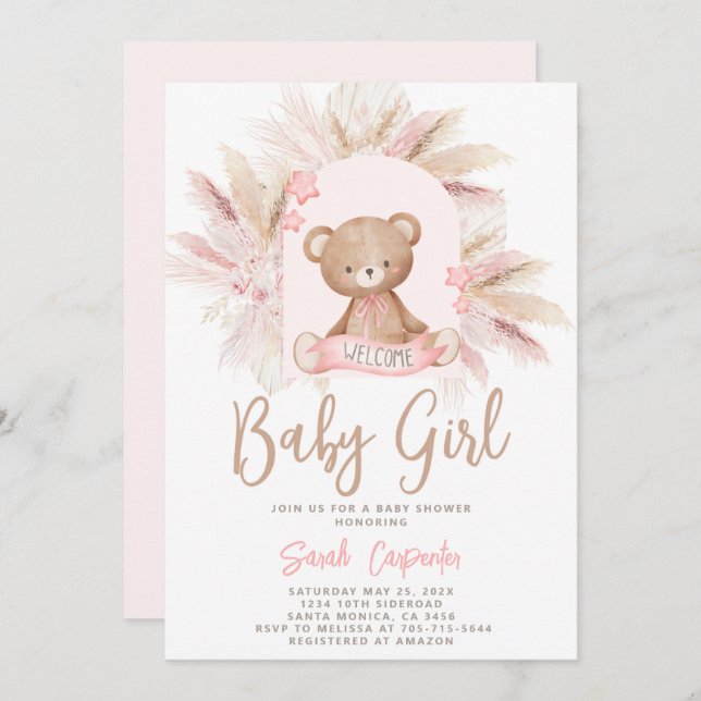 Boho Bear Baby Shower Girl Invitation (Front/Back)
