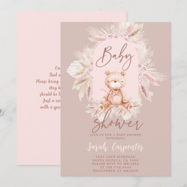Boho Bear Baby Shower Girl Invitation (Front/Back)